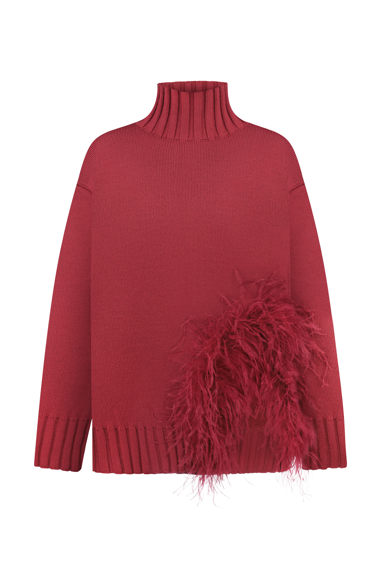 Burgundy Oversized Sweater With Feathers