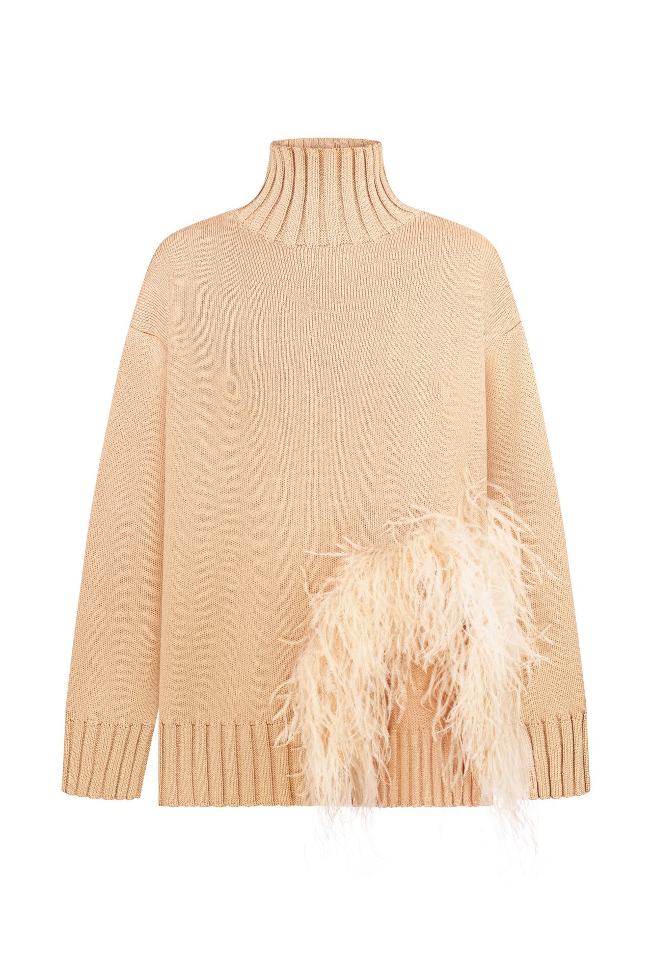 Beige Oversized Sweater With Feathers