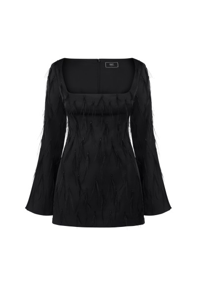Black Satin Dress With Small Feathers #1