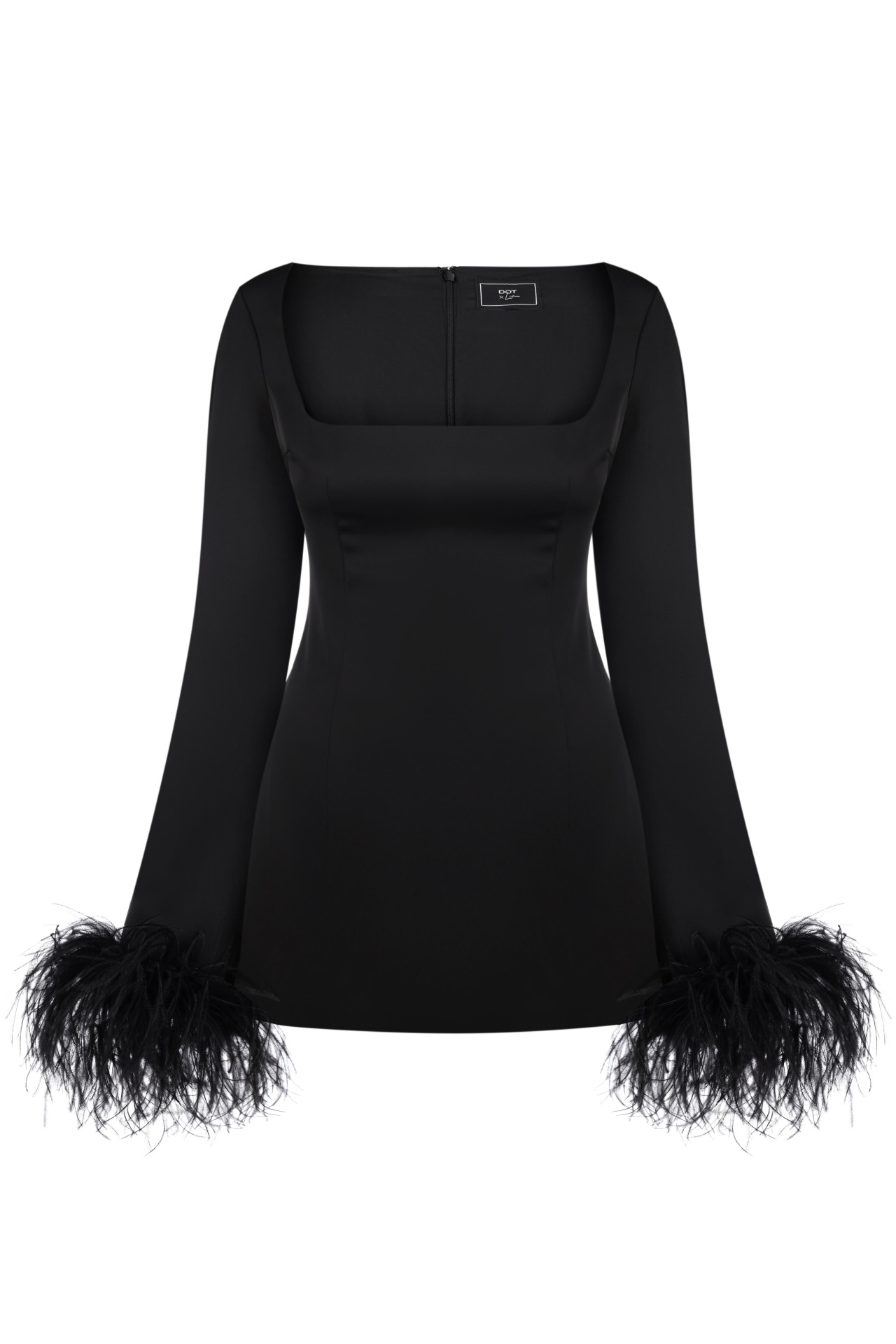 Minivestido negro satinado con plumas