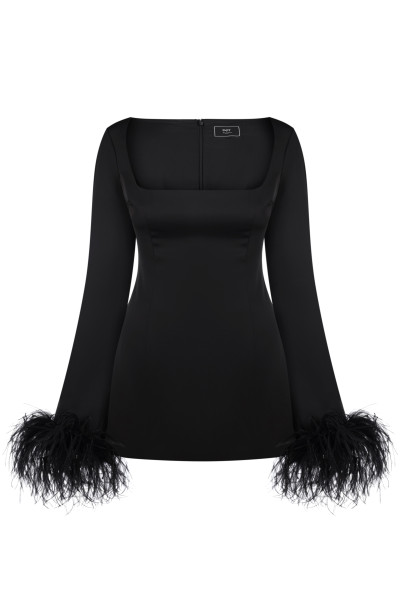 Satin black mini dress with feathers